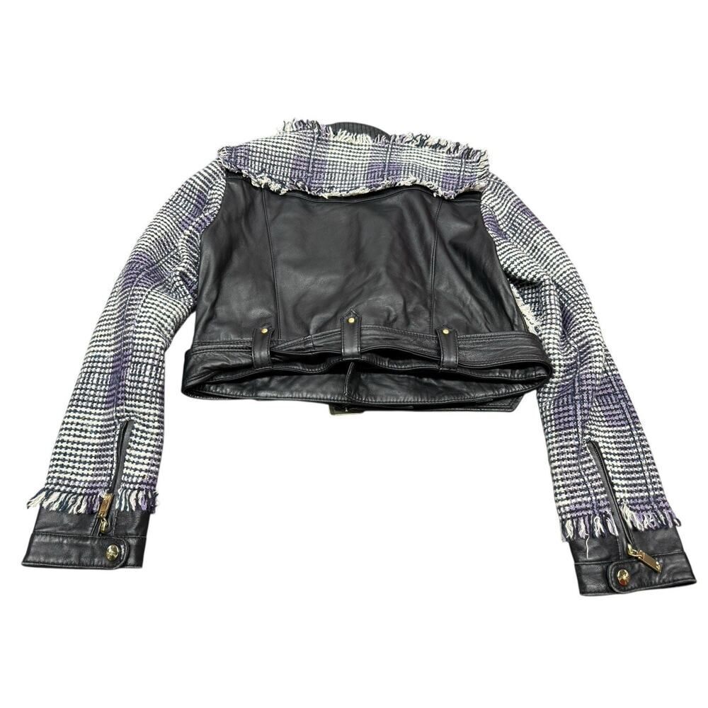 Apart Cropped Leather & Wool Blend Biker Jacket Fringe Trim sz 8 - Picture 9 of 15